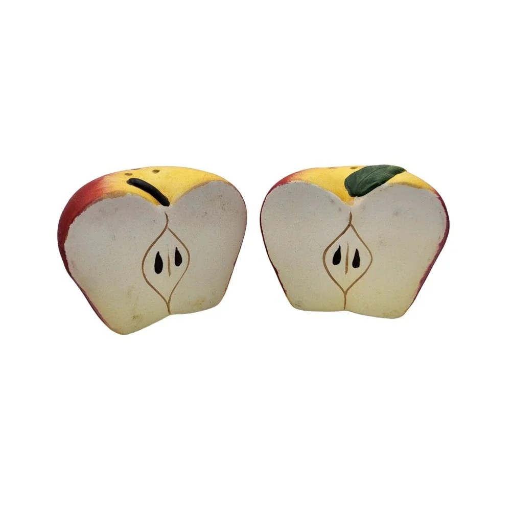 Vtg Porcelain Salt‎ & Pepper Shakers Split Red Apple Retro Handpainted Kitschy